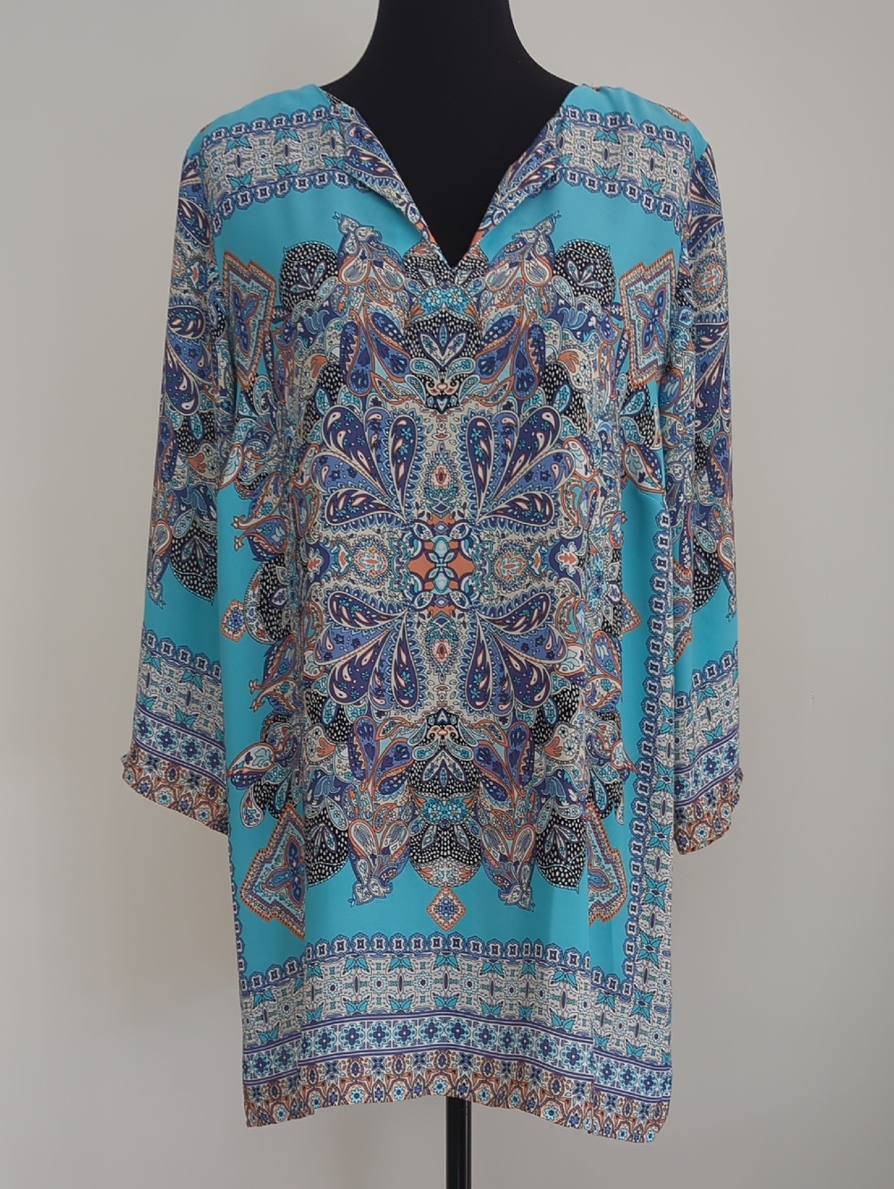 Violet & Claire Turquoise Paisley Mandala Print Boho Tunic Blouse Top 1X